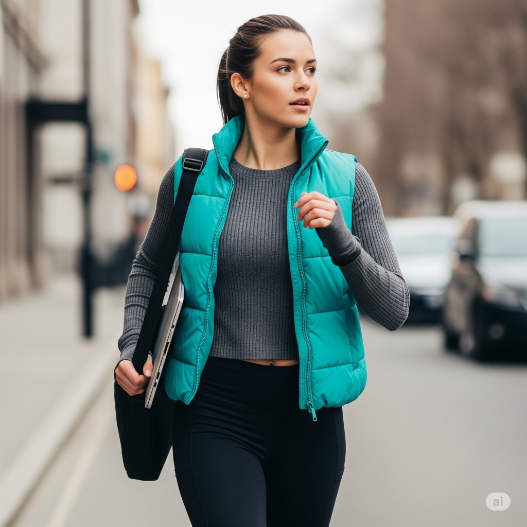 Woman Rushing to Work in puffer Vest Woman Rushing to Work in puffer Vest